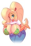  2017 anthro bandicoot big_breasts black_nose blonde_hair blue_eyes bra breasts clothed clothing coco_bandicoot crash_bandicoot_(series) female hair hi_res long_hair looking_at_viewer mammal marsupial nitro overalls shirt simple_background smile solo underwear video_games white_background 