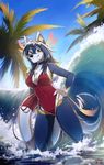  2017 anthro blue_fur blue_hair breasts canine clothed clothing day detailed_background digital_media_(artwork) female fur hair hihikori mammal one-piece_swimsuit outside partially_submerged sky smile solo swimsuit water wolf xuan yellow_eyes 