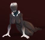  2015 4_fingers 4_toes anthro arm_support barefoot big_breasts biped black_body black_claws breasts casual_nudity claws convenient_censorship cracks croxot_(artist) faceless female hairless humanoid monster monster_girl_(genre) monstrous_humanoid multicolored_body natural_breasts navel not_furry nude open_mouth pinup pose reclining red_background sharp_teeth simple_background smile teeth thick_thighs toe_claws toes white_body white_claws wide_hips 