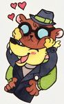  &lt;3 2017 angus_(nitw) anthro bear blush button_(disambiguation) canine claws clothed clothing couple_(disambiguation) cute daww duo eyewear fangs fox fully_clothed glasses gregg_(nitw) jacket leather leather_jacket male mammal modgur night_in_the_woods open_mouth pins smile squish sweater teeth toony tuft undershirt 
