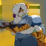  anthro big_breasts breasts buxbi_(character) clothed clothing feline female gun hi_res jakkmau5art looking_at_viewer mammal ranged_weapon slightly_chubby solo standing thick_thighs tiger weapon 