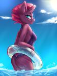  2017 absurd_res anthro anthrofied blue_eyes broken_horn butt clothed clothing cloud equine female hair hi_res horn mammal mrscurlystyles my_little_pony my_little_pony_the_movie one-piece_swimsuit outside partially_submerged scar short_hair sky smile solo swim_ring swimsuit tempest_shadow_(mlp) unicorn water 