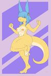  2017 3_toes 4_fingers absurd_res anthro barefoot beverage big_butt biped blue_eyes blue_hair breasts butt butt_focus claws clevage digital_drawing_(artwork) digital_media_(artwork) digitigrade female geier hair hair_over_eye hi_res kobold long_tail looking_at_viewer nude pinup pose scales scalie smile solo standing thick_tail thick_thighs toe_claws toes voluptuous wide_hips yellow_skin 