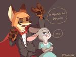  2016 4:3 anthro bow_tie canine cape clothing cosplay crossed_arms dialogue disney duo fangs female fox fur green_eyes inner_ear_fluff judy_hopps korean_text lagomorph laugh looking_back male mammal nick_wilde pikaristar predator/prey purple_eyes rabbit size_difference text tuxedo zootopia 