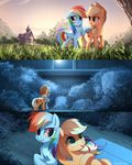  2017 applejack_(mlp) blonde_hair cowboy_hat cutie_mark day detailed_background digital_media_(artwork) duo equine female feral freckles friendship_is_magic green_eyes hair hat hi_res horse kissing looking_back lying mammal moon multicolored_hair my_little_pony night on_back open_mouth open_smile outside pegasus purple_eyes rainbow_dash_(mlp) rainbow_hair ruhje sky smile wings 