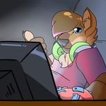  anthro canine clothed clothing computer fur hair headphones headphones_around_neck hi_res jakkmau5art looking_at_viewer male mammal solo video_games 