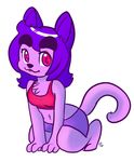  2014 :3 anthro blep bra cat chest_tuft clothing eyebrows eyelashes feline female fur hair kneeling mammal mt penny_(anaugi) purple_fur purple_hair purple_tail red_eyes shorts signature simple_background solo sparkle sports_bra thick_eyebrows tongue tongue_out toony tuft underwear white_background 