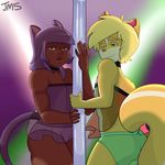  animal_humanoid anthro canine cat_humanoid clothed clothing duo feline girly hi_res humanoid jakkmau5art looking_at_viewer male mammal pole smile standing stripper_pole 