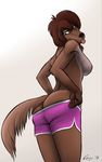  2017 anthro breasts brown_eyes brown_hair butt canine cayo clothing disney dog female hair looking_back mammal nipples oliver_and_company rita_(disney) shorts side_boob simple_background solo tongue tongue_out white_background 