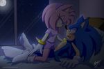  amy_rose anthro bed bedroom black_nose blush bracelet clothing duo english_text eye_contact female footwear gloves green_eyes hair hairband half-closed_eyes hedgehog jewelry male mammal moon moonlight myly14 naughty_face night open_mouth pillow pink_hair short_hair signature smile sonic_(series) sonic_the_hedgehog text video_games window 