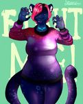  bottomless cannoncrasher choker clothed clothing colored_nails feline female grin hair mammal markings panther pink_hair smile solo space sweater thick_thighs wide_hips 