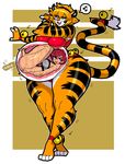  belly belly_dancer big_belly big_breasts blush bottomless breasts clothed clothing dancing duo feline human hypnofood mammal sascha standing thick_thighs tiger toony vore wide_hips 