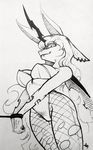  2017 anthro anthrofied black_and_white bound breasts bunny_costume changeling cleavage clothed clothing costume fake_ears fake_rabbit_ears fangs female fishnet fishnet_legwear friendship_is_magic horn legwear leotard low-angle_view monochrome my_little_pony piercing portrait queen_chrysalis_(mlp) rope slit_pupils solo three-quarter_portrait traditional_media_(artwork) underpable 