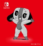  2017 3_toes 4_fingers animate_inanimate anthro black_sclera canine eyelashes female floppy_ears joaoppereiraus mammal nintendo nintendo_switch open_mouth short_stack simple_background slightly_chubby smile solo switch_dog toes video_games 