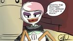  anthro avian bird bottomless clitoris clothed clothing dialogue disney duck ducktales ducktales_(2017) english_text eyebrows female gtu half-closed_eyes lena_(ducktales) looking_at_viewer open_mouth presenting presenting_pussy pussy signature solo speech_bubble spread_legs spreading text 