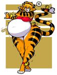  belly belly_dancer big_belly big_breasts breasts clothed clothing dancing deep_navel duo feline hypnofood mammal navel oral_vore sascha standing thick_thighs tiger toony vore wide_hips 