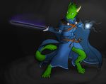  2017 anthro cloak clothed clothing digital_media_(artwork) digitigrade dragon ezrael feathers fictional_species magic male melee_weapon simple_background soldier solo sword therandomfox weapon 