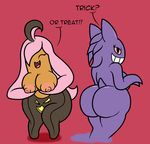  2017 anthro areola big_breasts big_butt breasts butt claws dialogue digital_drawing_(artwork) digital_media_(artwork) duo english_text fangs female gengar ghost gourgeist hair huge_butt humanoid looking_at_viewer looking_back mr.under nintendo nipples not_furry nude open_mouth pink_hair pok&eacute;mon pok&eacute;mon_(species) simple_background smile spirit text thick_thighs video_games wide_hips 