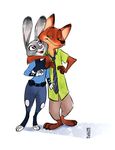  2016 absurd_res anthro barefoot buckteeth canine claws clothing dipstick_ears disney duo female fox fur green_eyes half-closed_eyes hi_res hug judy_hopps lagomorph male mammal multicolored_fur necktie nick_wilde open_mouth open_smile pants police_uniform purple_eyes rabbit shirt sidonievidal simple_background size_difference smile teeth text toe_claws toony two_tone_fur uniform white_background zootopia 