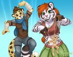  anthro ash_(ashkelling) body_control brown_eyes brown_hair chibi-marrow clothed clothing duo feline female fur green_eyes hair keilani leopard male mammal mind_control puppet red_hair scarf simple_background smile spots spotted_fur tiger 