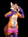  2017 anthro black_background black_fur black_nose bulge canine clothed clothing cubi digital_drawing_(artwork) digital_media_(artwork) featureless_crotch fox fur inflatable living_inflatable male mammal multicolored_fur open_mouth orange_fur pink_underwear pool_toy purple_eyes rubber shiny simple_background solo teeth tongue tongue_out toony transformation two_tone_fur 