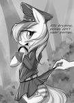  aryanne aryanne_(character) belt black_and_white blush bushes clothing disembodied_hand duo earth_pony english_text equine fan_character female forest horse human mammal monochrome my_little_pony pony text tree uniform 