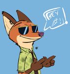  2016 4_fingers absurd_res anthro blue_background brown_claws canine claws clothed clothing digital_drawing_(artwork) digital_media_(artwork) disney duo eyewear finger_gun fox fur gloves_(marking) hawaiian_shirt hi_res male mammal markings necktie nekr0ns nick_wilde orange_fur pointing purple_nose reaction_image shirt simple_background smile solo sunglasses zootopia 