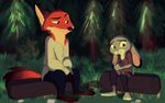  2016 3_toes anthro barefoot canine claws clothing dipstick_ears disney duo ears_down female forest fox fur grass green_eyes grey_fur hands_together hi_res interlocked_fingers judy_hopps lagomorph log long_ears looking_aside looking_at_another male mammal nick_wilde orange_fur outside pants purple_eyes rabbit raised_eyebrow shirt sitting small_tail smile toes trashasaurusrex tree wood zootopia 