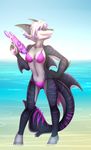  anthro beach bikini chin_piercing clothing detailed_background ear_piercing facial_piercing female fish furgonomics furry-specific_piercing hair hand_on_hip looking_at_viewer marine muzzle_piercing nose_piercing partially_submerged piercing pink_eyes pink_hair purple_stripes sashatf seaside shark sharp_teeth sky smile solo stripes swimsuit tail_piercing teeth tongue tongue_out water water_gun wave 