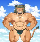  2017 abs anthro arslan biceps bikini clothed clothing facial_hair feline grumpyfloof hair huge_muscles lion looking_at_viewer male mammal muscular nipples pecs signature smile solo swimsuit tokyo_afterschool_summoners 