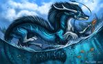  2017 ambiguous_gender blue_eyes blue_fur blue_hair claws day detailed_background digital_media_(artwork) dragon eastern_dragon feral flashw fur furred_dragon group hair horn outside partially_submerged sky solo_focus vokster water 