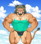  2017 abs anthro arslan beard biceps bikini bulge chest_tuft clothed clothing facial_hair feline grumpyfloof hair huge_muscles lion looking_at_viewer male mammal muscular muscular_male nipples pecs shirt signature smile solo swimsuit tank_top tokyo_afterschool_summoners tuft 