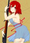 absurdres ass blush breasts gun highres izetta large_breasts looking_at_viewer looking_back red_eyes red_hair rifle ruscus_blue see-through shuumatsu_no_izetta sideboob solo weapon 