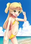  beach blonde_hair blush breasts cameltoe day green_eyes highres idolmaster idolmaster_cinderella_girls jougasaki_rika long_hair looking_at_viewer ocean open_mouth qm small_breasts smile solo swimsuit two_side_up 
