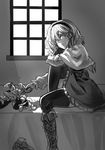  alice_margatroid black_legwear boot_removed boots capelet character_doll cross-laced_footwear crying crying_with_eyes_open cutting frills greyscale hairband highres kirisame_marisa knee_boots koissa lace-up_boots monochrome parted_lips scissors shoes short_hair single_boot single_shoe sitting tears touhou window 