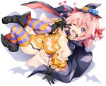  ;d astolfo_(fate) black_bow black_gloves bow braid colored_stripes commentary_request fang fate/apocrypha fate/grand_order fate_(series) gloves hair_intakes hair_ribbon halloween hat jack-o'-lantern_cutout jpeg_artifacts male_focus multicolored_hair navel navel_cutout one_eye_closed open_mouth otoko_no_ko pink_hair purple_eyes ribbon shinozuka_atsuto single_braid smile streaked_hair striped striped_legwear v 