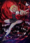  ahoge black_skirt black_vest blonde_hair boots fang foreshortening juliet_sleeves koissa long_sleeves open_mouth outstretched_arms puffy_sleeves red_eyes rumia short_hair skirt solo thighhighs touhou vest white_legwear 