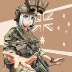  army assault_rifle australian_flag camouflage drone eotech grenade_launcher gun headset heckler_&amp;_koch helmet highres hk416 jpc military military_uniform open_mouth original rifle short_hair signature silver_hair uniform weapon 