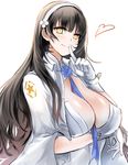  black_hair blush breasts cleavage closed_mouth commentary_request flower girls_frontline gloves hair_flower hair_ornament hairband heart highres large_breasts long_hair looking_at_viewer qbz-95_(girls_frontline) shirt smile snowru solo upper_body white_gloves white_hairband white_shirt yellow_eyes 