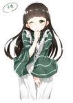  ;) ama_usa_an_uniform apron bangs between_legs black_hair blunt_bangs blush character_name cowboy_shot eyebrows_visible_through_hair flat_chest gochuumon_wa_usagi_desu_ka? green_eyes green_kimono hand_between_legs hand_on_own_chin japanese_clothes kimono long_hair long_sleeves looking_at_viewer maid_apron one_eye_closed polka_dot_trim simple_background smile solo striped striped_kimono tousaki_shiina ujimatsu_chiya white_apron white_background wide_sleeves 