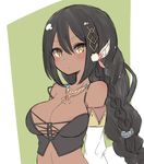  areola_slip areolae azur_lane bare_shoulders black_hair blush braid breasts bustier cleavage commentary dark_skin detached_sleeves green_background hair_between_eyes hair_ornament jewelry large_breasts long_hair looking_at_viewer malice_stella native_american necklace off_shoulder parted_lips solo south_dakota_(azur_lane) upper_body yellow_eyes 