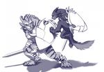  action_pose aralia_fireclaw_(artist) charr claws clothed clothing curved_horn duo fangs feline female fight flat_chested fluffy fluffy_tail fur guild_wars hair holding_object holding_weapon horn jumping mammal melee_weapon shield simple_background sword video_games weapon 