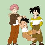  aida_kaiko barefoot belt black_hair carrying closed_eyes dragon_ball dragon_ball_z expressionless eyebrows_visible_through_hair green_background hand_in_pocket happy highres jacket long_sleeves looking_at_another looking_away male_focus mohawk multiple_boys open_mouth pants purple_eyes purple_hair sandals shirt short_hair simple_background smile son_goten trunks_(dragon_ball) uub white_shirt 