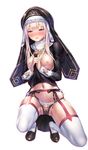  1girl artist_request blonde_hair breasts character_request curvy female legwear lilith-soft looking_at_viewer naughty_face nipples no_bra nun partially_visible_vulva shiny_skin solo sweat taimanin_(series) taimanin_asagi taimanin_asagi_battle_arena thong 