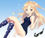  :d absurdres american_flag_legwear azur_lane blonde_hair blush breasts cleveland_(azur_lane) coraman deal_with_it fang flag_print highres kneehighs knees_together_feet_apart long_hair looking_at_viewer multicolored multicolored_clothes multicolored_legwear one-piece_swimsuit one_side_up open_mouth pink_eyes print_legwear school_swimsuit small_breasts smile solo star star_print sunglasses swimsuit 