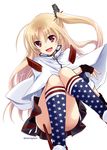  :d american_flag_legwear ass azur_lane bangs blonde_hair capelet cleveland_(azur_lane) convenient_leg fingerless_gloves gloves kanna_(plum) kneehighs knees_together_feet_apart long_hair looking_at_viewer miniskirt multicolored multicolored_clothes multicolored_legwear one_side_up open_mouth parted_bangs pleated_skirt red_eyes skirt sleeves_rolled_up smile solo twitter_username unmoving_pattern very_long_hair white_background white_capelet 