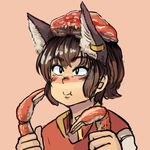  animal_ears bangs black_eyes blush bright_pupils brown_hair cat_ears chanta_(ayatakaoisii) chen closed_mouth crab_claw crab_on_head dress eating extra_ears food holding holding_food jewelry pink_background red_dress short_hair simple_background single_earring smile solo touhou 