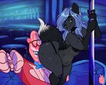  2017 anthro bald bar bedroom_eyes belly bent_over big_butt big_thighs biped black_bottomwear black_clothing black_fur black_nose black_tail black_topwear blue_eyes blue_hair blue_tongue blush bow_tie bra breasts butt butt_squish canine chair cleavage clothed clothing dancing digital_drawing_(artwork) digital_media_(artwork) dipstick_tail duo eye_through_hair eyebrows_visible_through_hair eyelashes eyewear facial_piercing female fluffy fluffy_tail flustered fox fur glasses gloves_(marking) grey_fur hair half-closed_eyes hi_res humanoid humanoid_hands humanoid_on_anthro inner_ear_fluff interspecies jewelry lapdance lingerie lip_piercing long_hair male male/female mammal markings medium_breasts multicolored_fur multicolored_tail navel necklace nose_piercing nose_ring on_couch open_mouth open_smile piercing pink_clothing pink_skin pink_topwear pole pole_dancing presenting presenting_hindquarters reclining rita_vixen ryarik seductive septum_piercing shoulder_tuft side_view sir.smiley sitting skimpy slightly_chubby smile socks_(marking) sofa standing strip_club stripper surface_piercing sweater_vest thong translucent_hair two_tone_fur underwear watermark white_tail wide_eyed yellow_sclera 