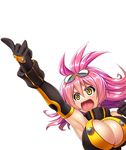  1girl arm_up armpits asahi breasts cleavage female large_breasts lilith-soft long_hair open_mouth pink_hair rene_(taimanin_asagi) shiny shiny_skin simple_background solo taimanin_(series) taimanin_asagi taimanin_asagi_battle_arena upper_body white_background yellow_eyes 