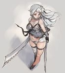  bandaged_leg bandaged_neck bandages black_gloves breasts cleavage dual_wielding flower full_body gloves hair_flower hair_ornament highres holding holding_weapon kaine_(nier) large_breasts lingerie looking_to_the_side navel negligee nier nier_(series) norasuko revealing_clothes saw_cleaver silver_hair solo sword underwear vambraces weapon yellow_eyes 